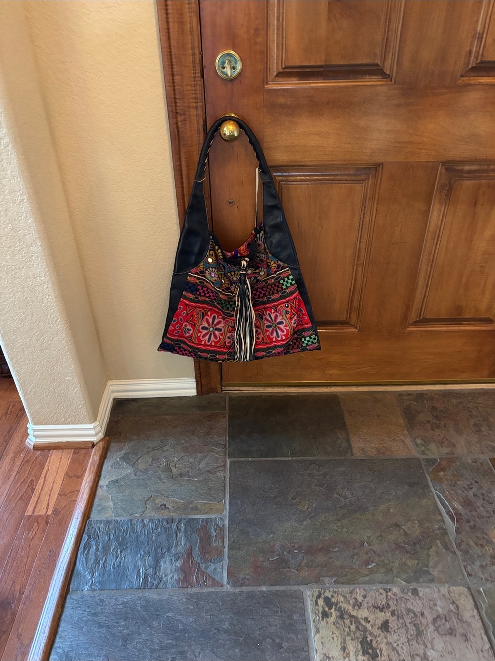 Foley + Corinna Black Shoulder Bag with Red and Pink Embroidered Panels